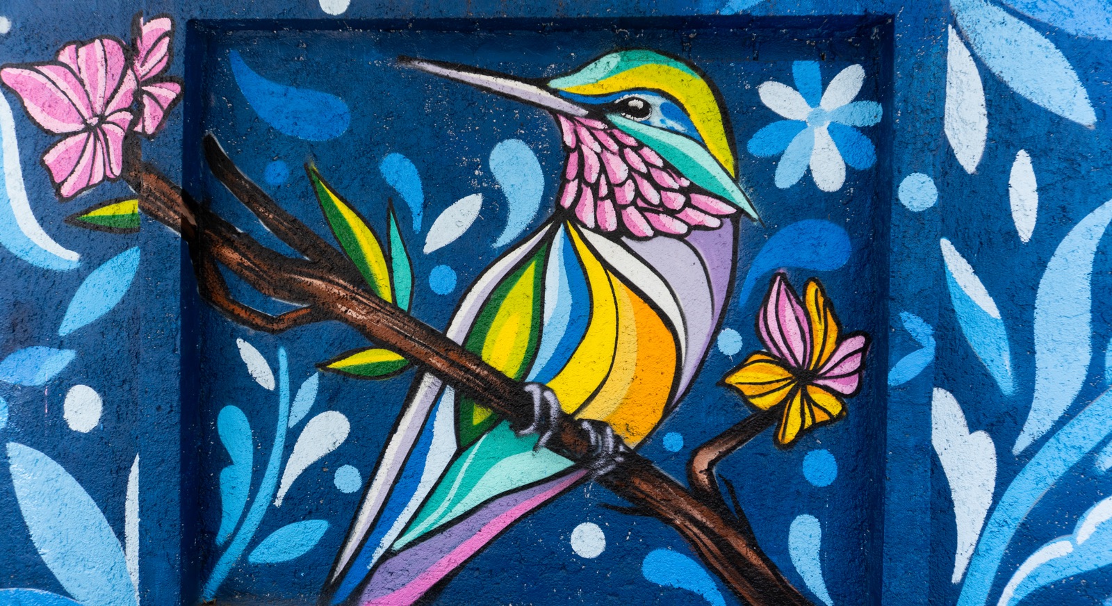 Mural de un colibrí multicolor pintado con productos Delviento en la Secundaria General 2